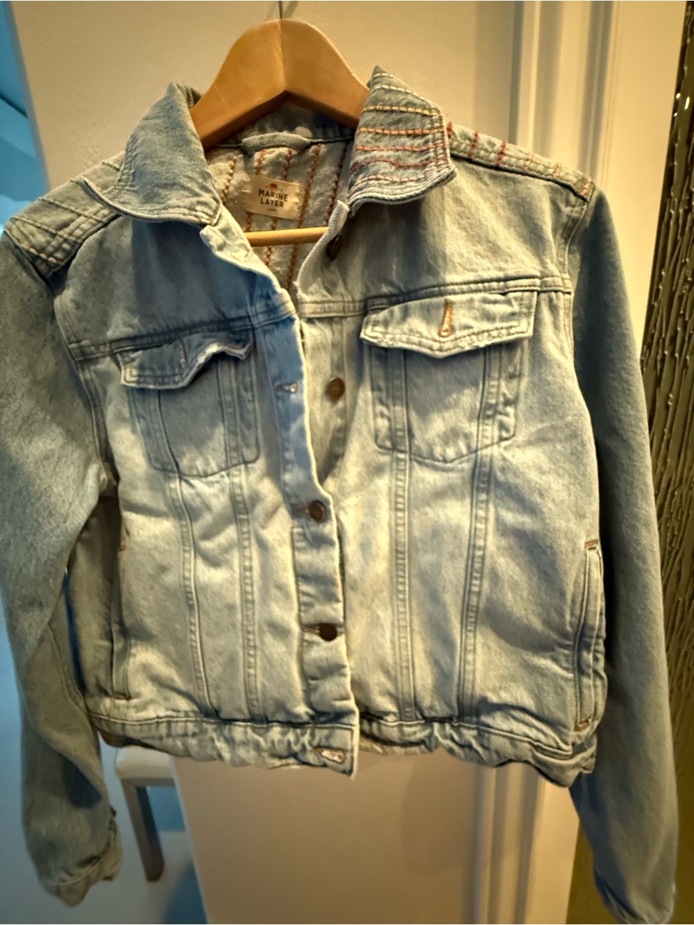 Marine Layer Light Wash Denim Jacket with Rainbow Stitching